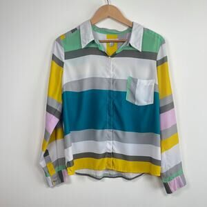 Multicolor Wide Stripe Button Up Blouse Top Long Sleeve Large Teal Yellow Pocket